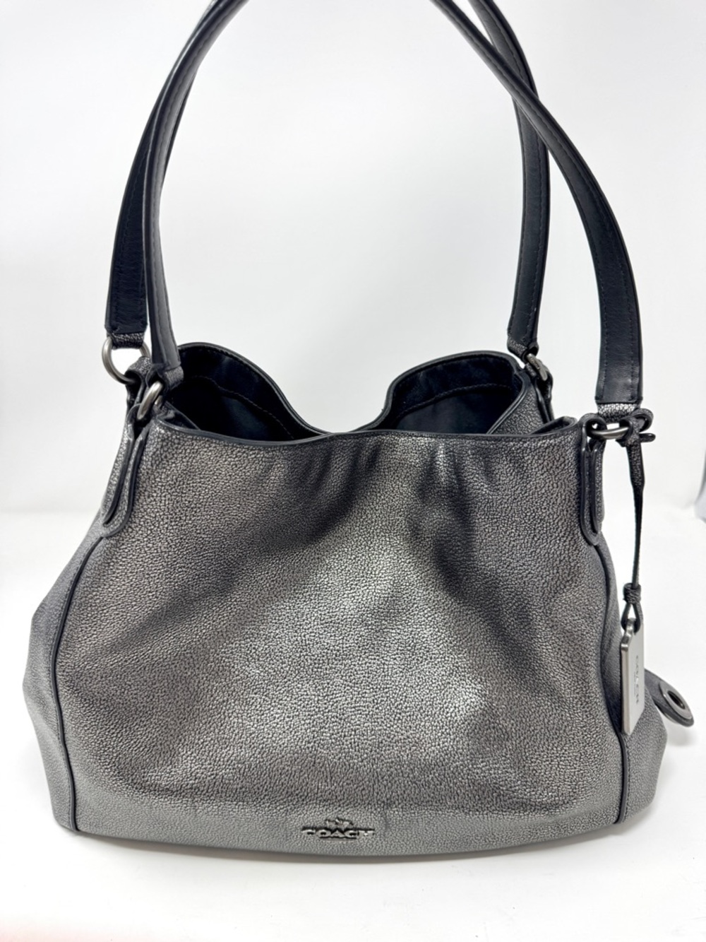 Coach Edie Metallic Gunmetal Pebbled Leather Shoulder Bag Tote - Picture 2 of 16